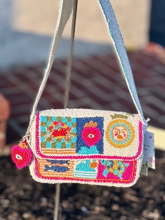 Marshalls Handbags - Coastal Beaded Shoulder Bag Crab Shell Beach Evil Eye Icons Matching Bag Charm